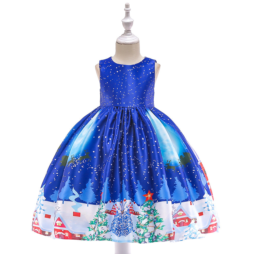ins Christmas dress children's Christmas dress princess dress girl Santa Claus cartoon print party dance costume