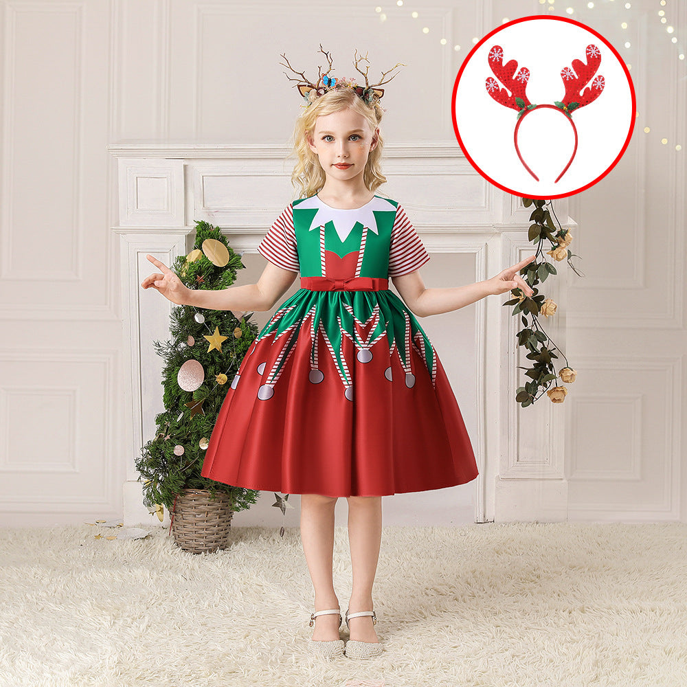 ins Christmas dress children's Christmas dress princess dress girl Santa Claus cartoon print party dance costume