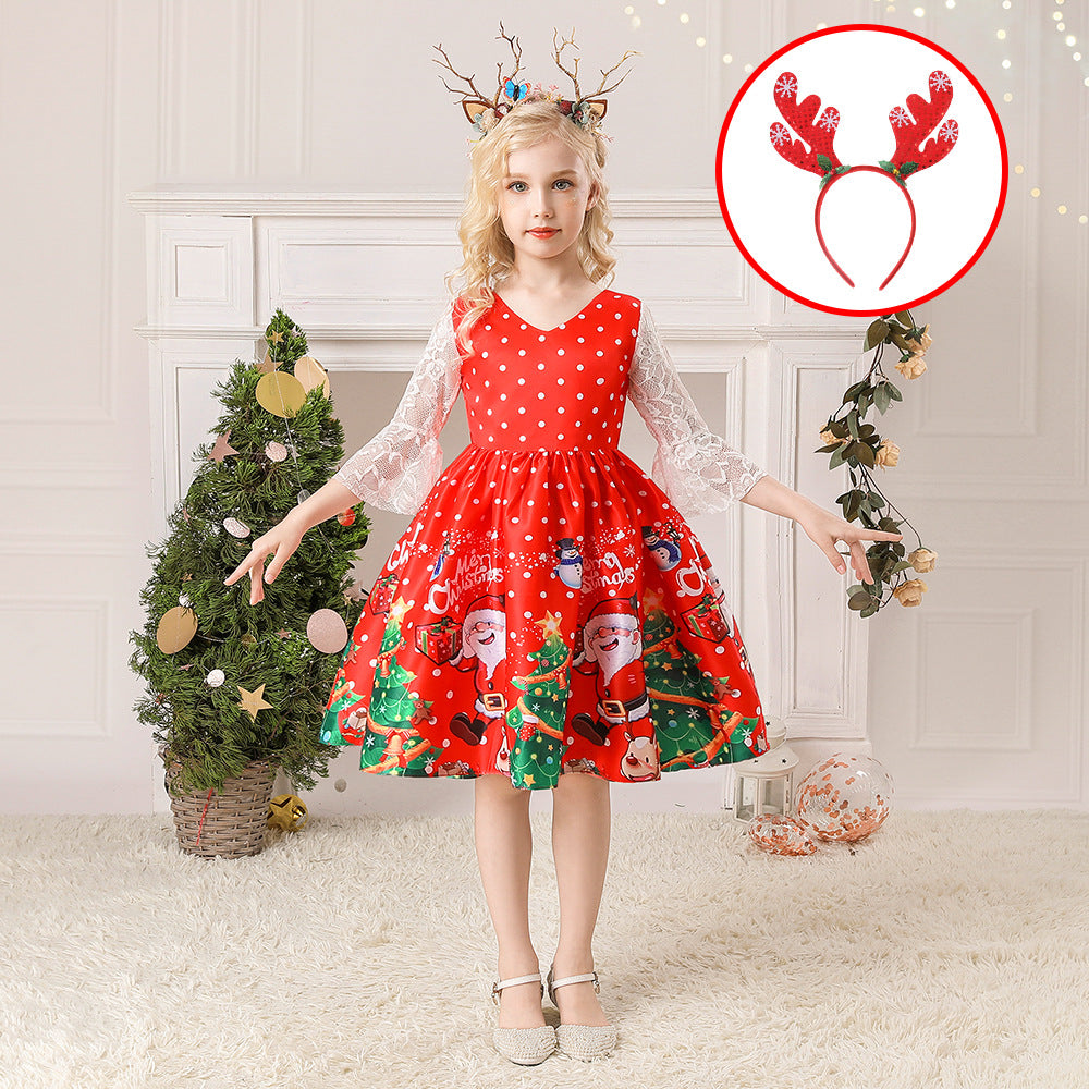 ins Christmas dress children's Christmas dress princess dress girl Santa Claus cartoon print party dance costume