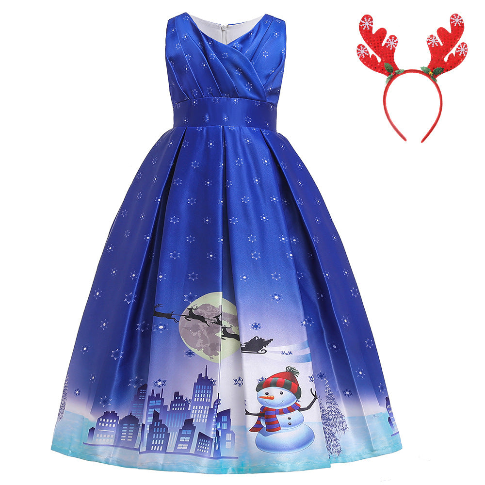 ins Christmas dress children's Christmas dress princess dress girl Santa Claus cartoon print party dance costume