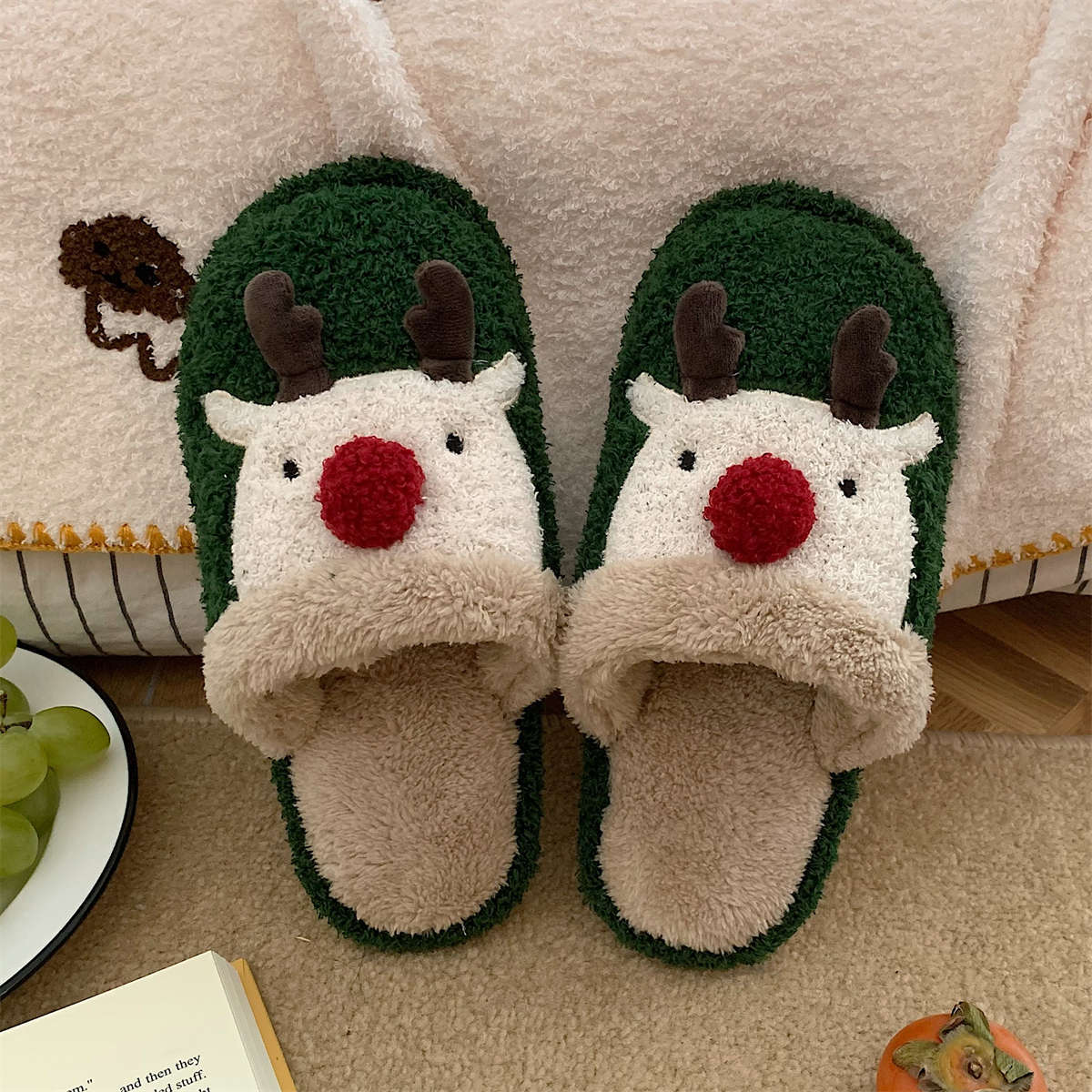 Cute cartoon home indoor plush shoes women's new Christmas elk winter warm confinement cotton slippers women