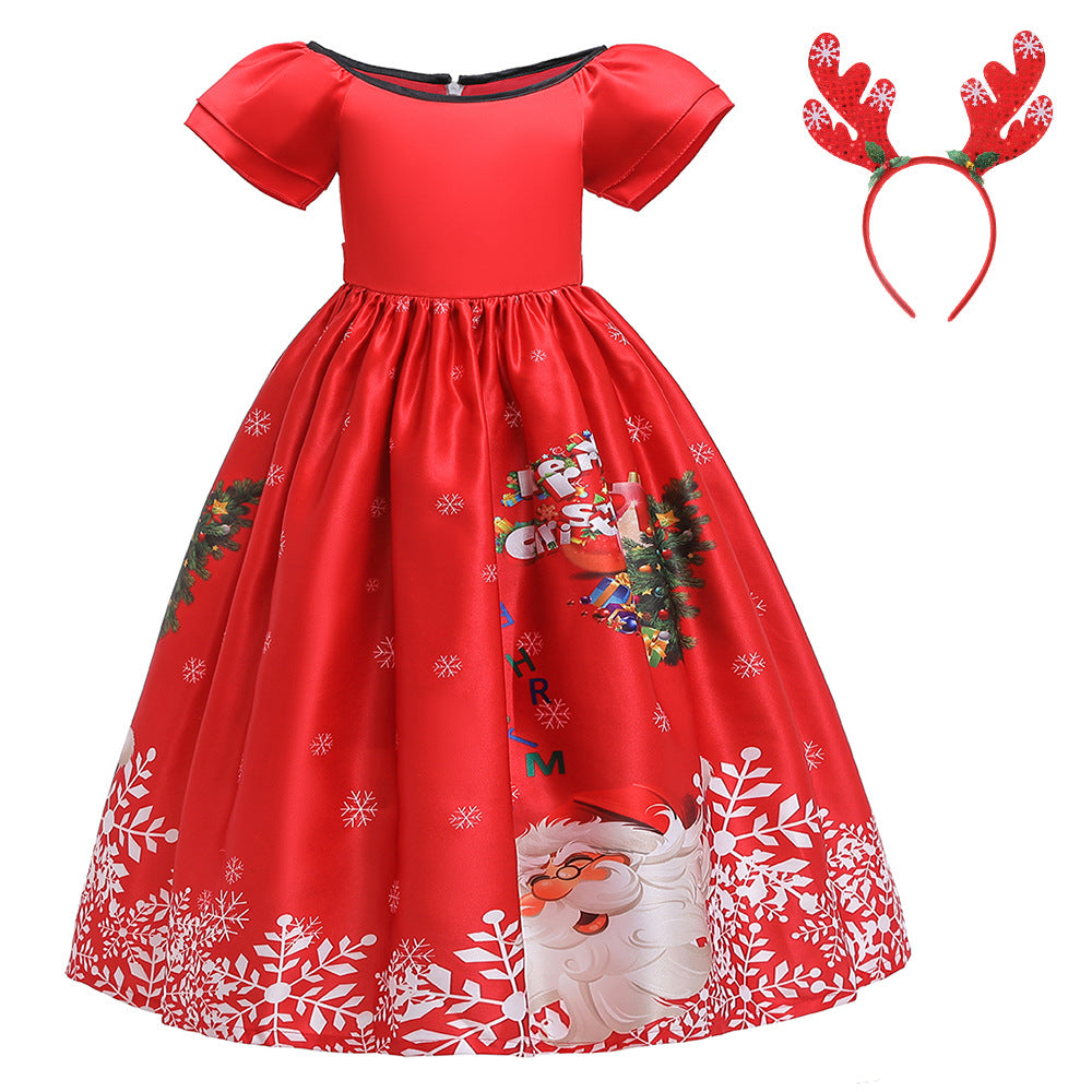 ins Christmas dress children's Christmas dress princess dress girl Santa Claus cartoon print party dance costume