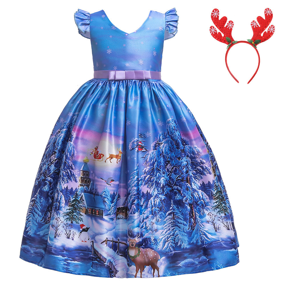 ins Christmas dress children's Christmas dress princess dress girl Santa Claus cartoon print party dance costume