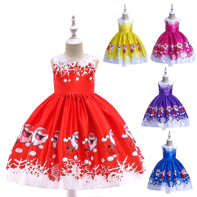 ins Christmas dress children's Christmas dress princess dress girl Santa Claus cartoon print party dance costume