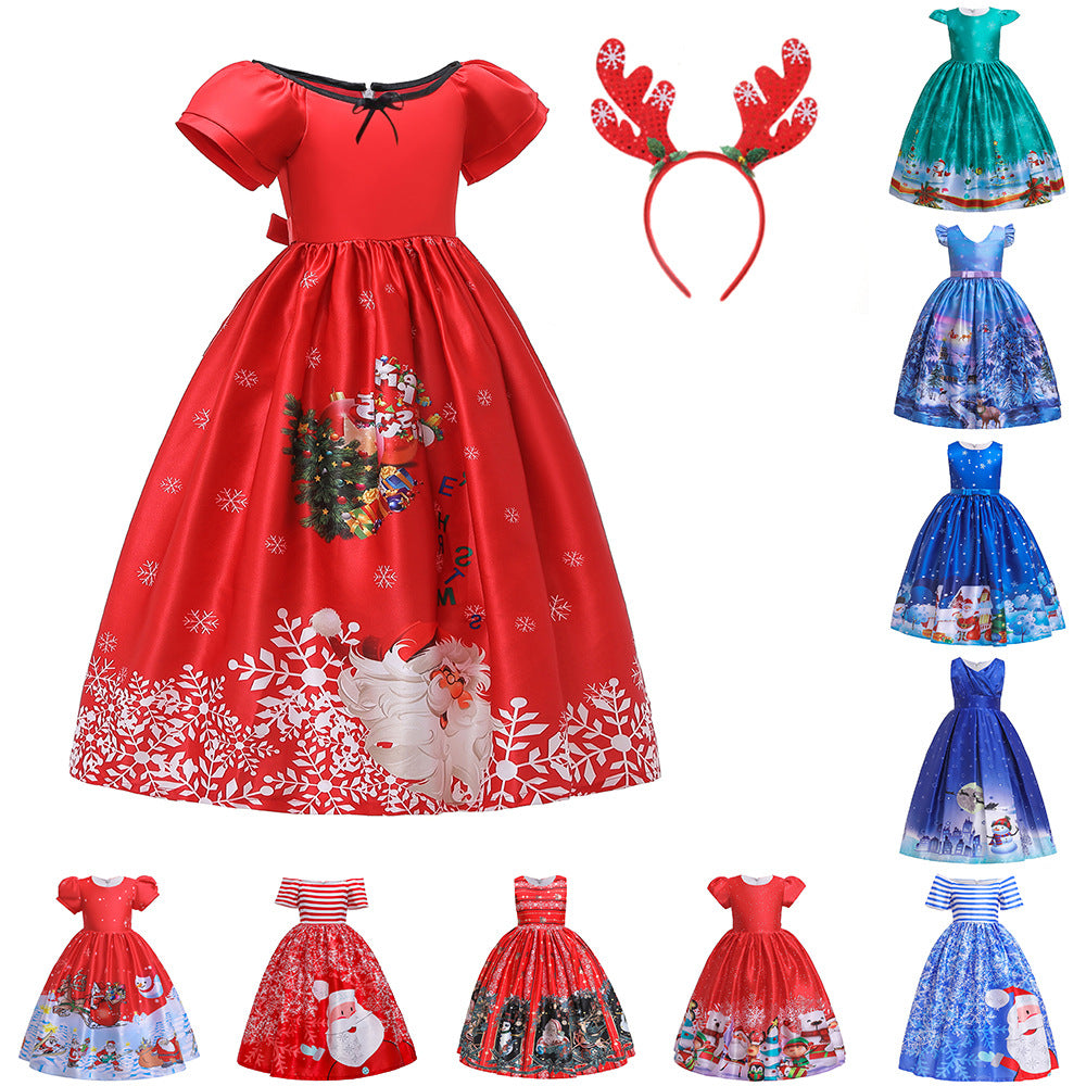 ins Christmas dress children's Christmas dress princess dress girl Santa Claus cartoon print party dance costume