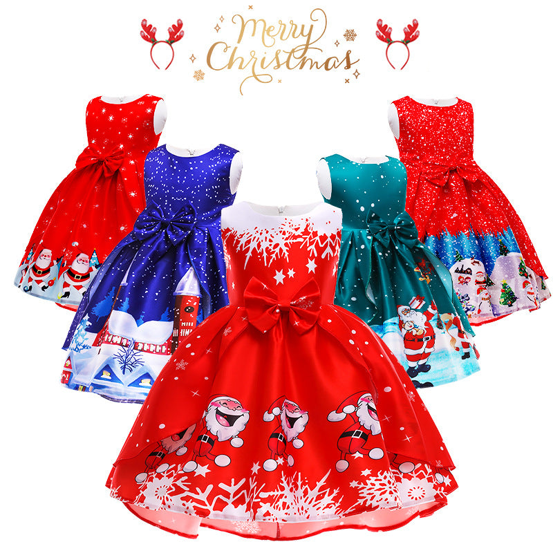 ins Christmas dress children's Christmas dress princess dress girl Santa Claus cartoon print party dance costume