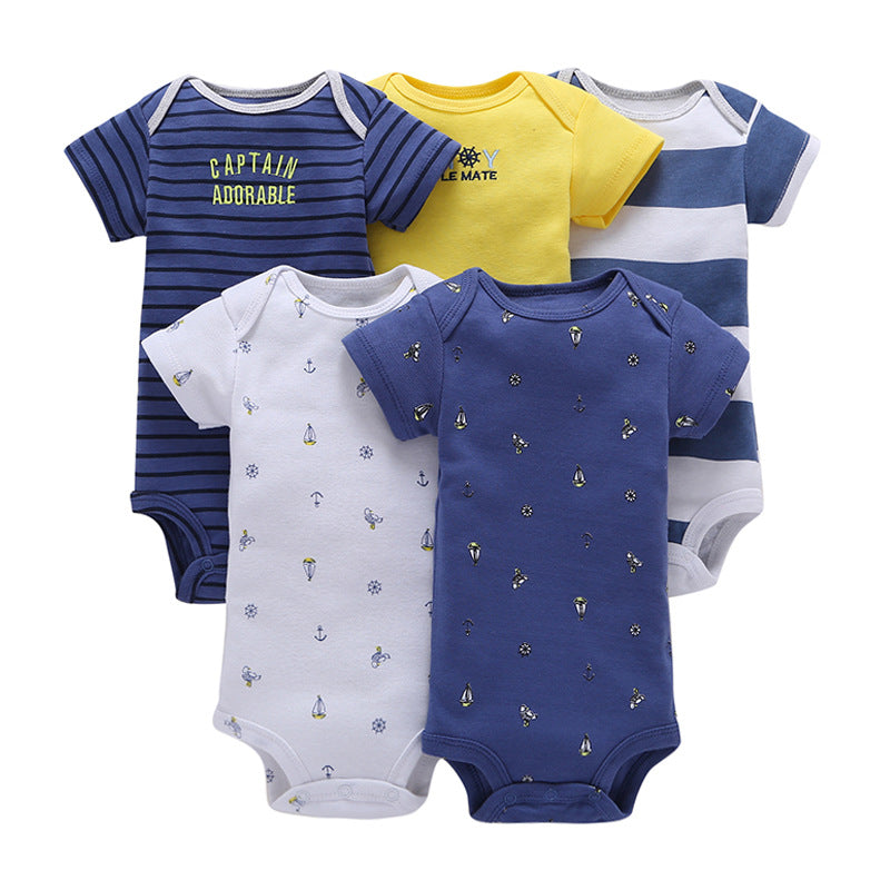 A generation of summer baby boy cotton short-sleeved mixed color haze triangle romper 5 five-piece suit T0031