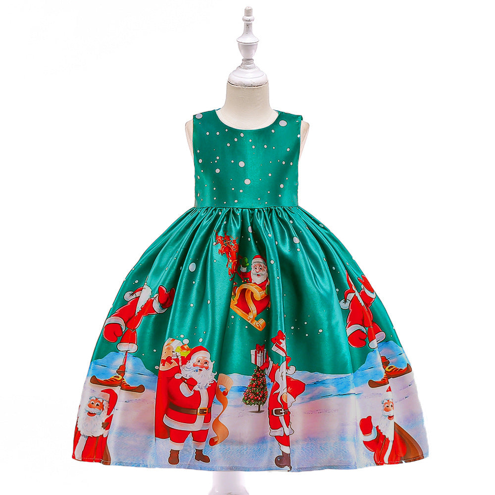 ins Christmas dress children's Christmas dress princess dress girl Santa Claus cartoon print party dance costume