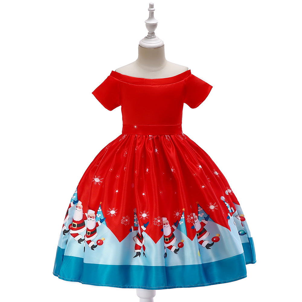 ins Christmas dress children's Christmas dress princess dress girl Santa Claus cartoon print party dance costume