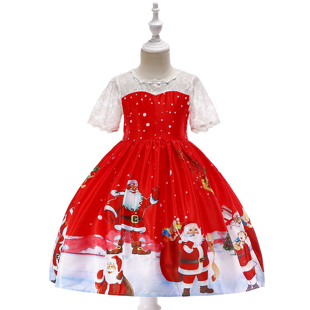 ins Christmas dress children's Christmas dress princess dress girl Santa Claus cartoon print party dance costume