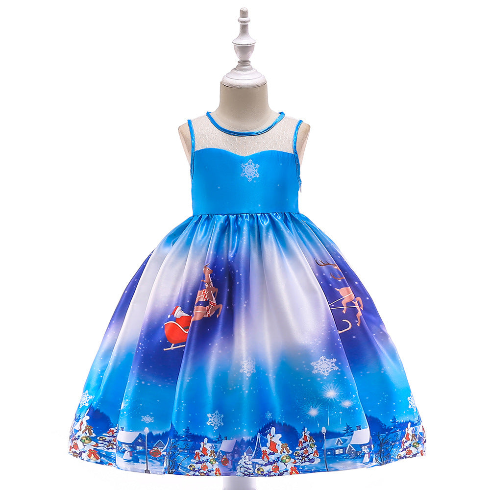 ins Christmas dress children's Christmas dress princess dress girl Santa Claus cartoon print party dance costume