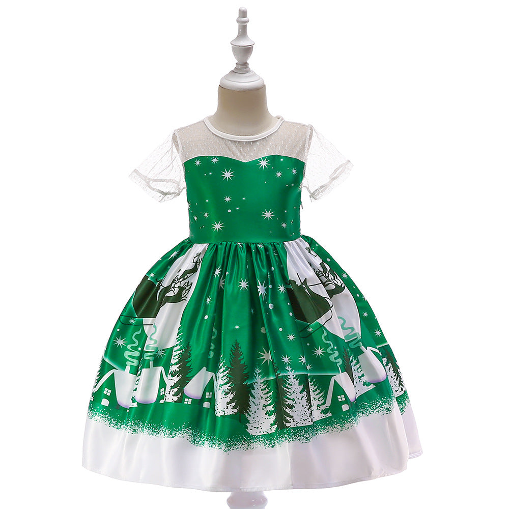 ins Christmas dress children's Christmas dress princess dress girl Santa Claus cartoon print party dance costume