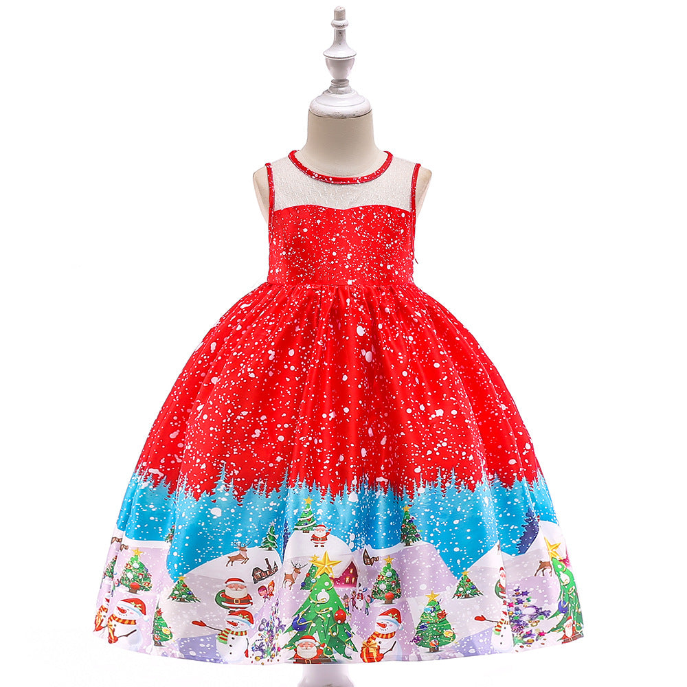 ins Christmas dress children's Christmas dress princess dress girl Santa Claus cartoon print party dance costume