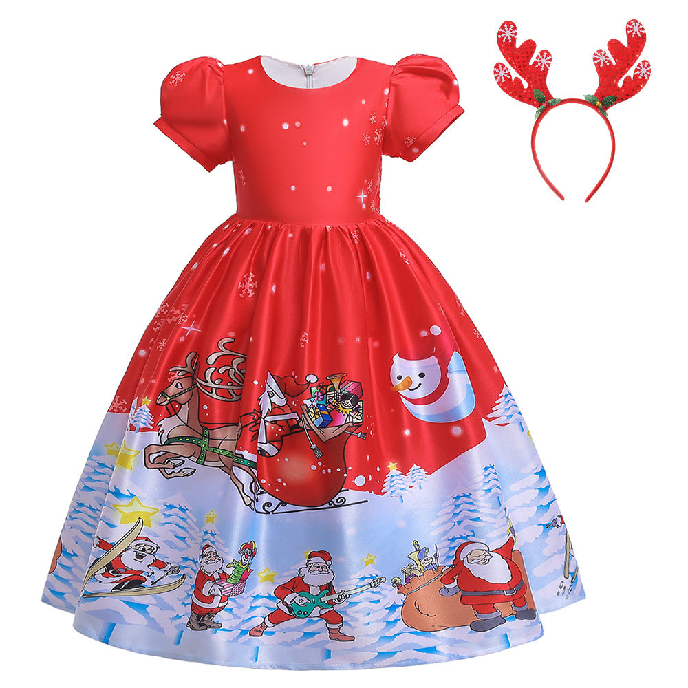 ins Christmas dress children's Christmas dress princess dress girl Santa Claus cartoon print party dance costume