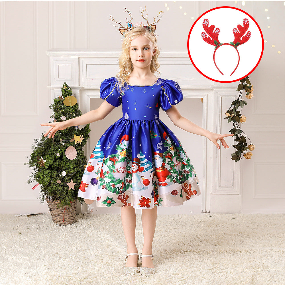 ins Christmas dress children's Christmas dress princess dress girl Santa Claus cartoon print party dance costume