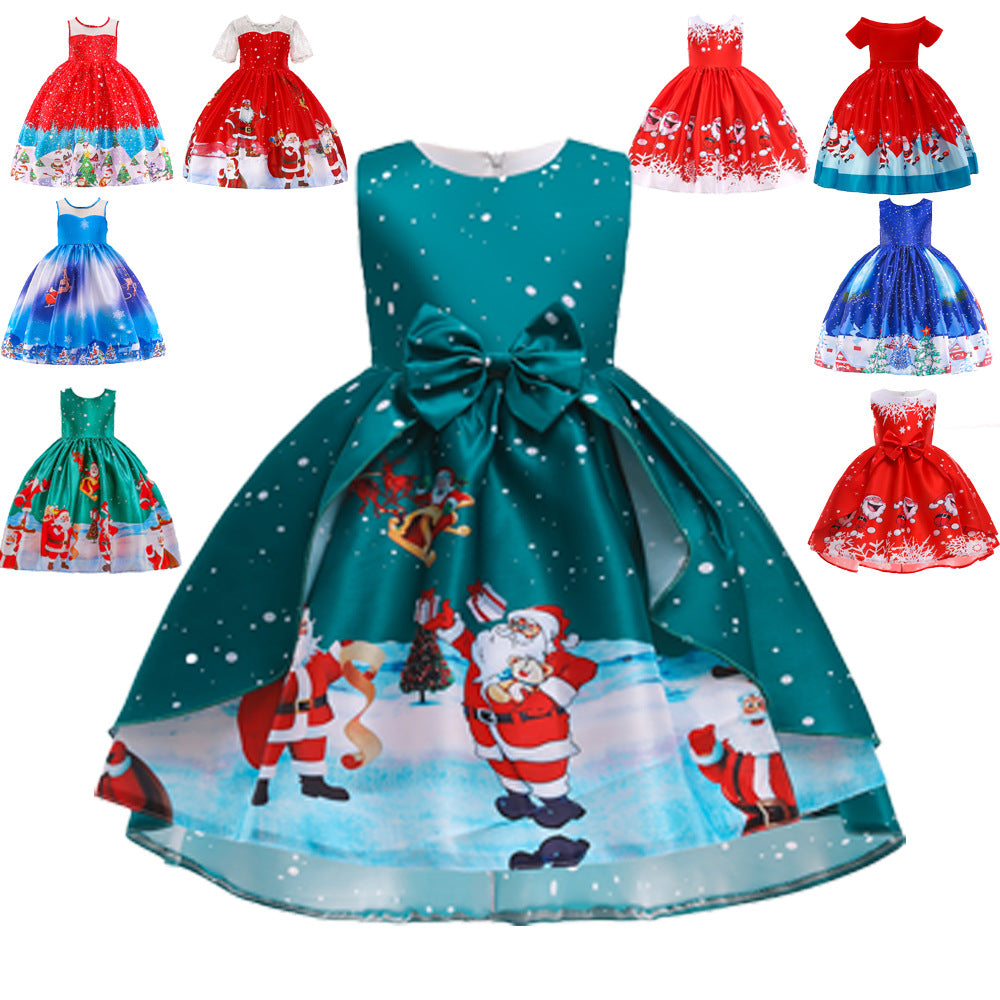 ins Christmas dress children's Christmas dress princess dress girl Santa Claus cartoon print party dance costume