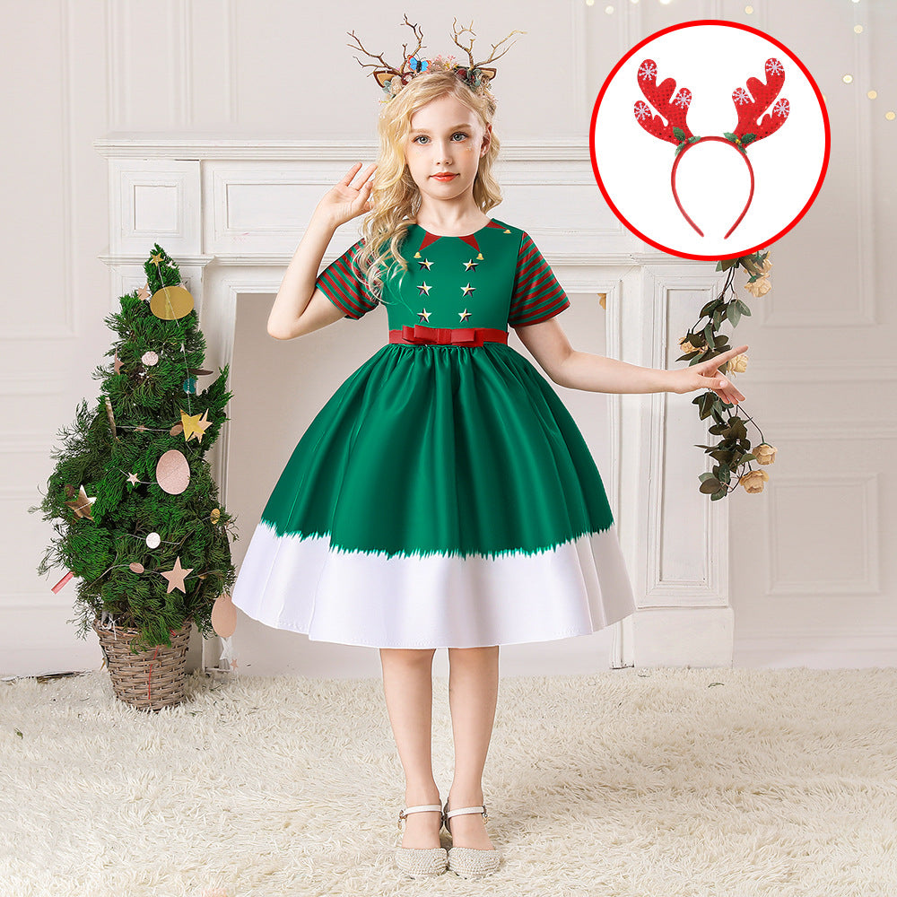 ins Christmas dress children's Christmas dress princess dress girl Santa Claus cartoon print party dance costume