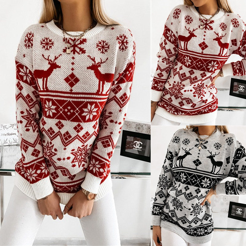 2021 European and American Christmas Winter Women's New Sweater wishebay Elk Snowflake Christmas Jacquard Knitted Sweater