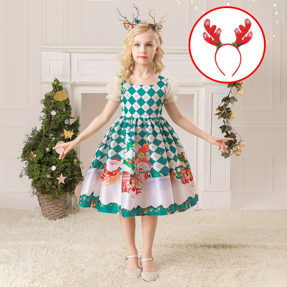 ins Christmas dress children's Christmas dress princess dress girl Santa Claus cartoon print party dance costume