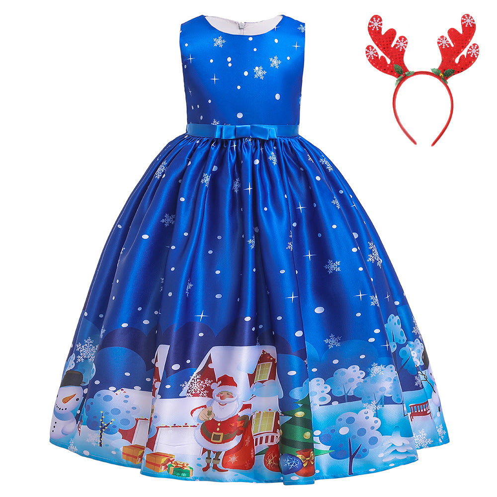 ins Christmas dress children's Christmas dress princess dress girl Santa Claus cartoon print party dance costume