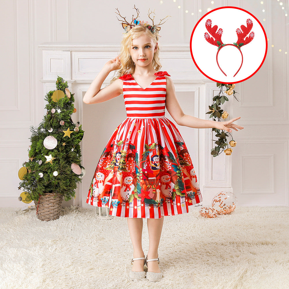 ins Christmas dress children's Christmas dress princess dress girl Santa Claus cartoon print party dance costume