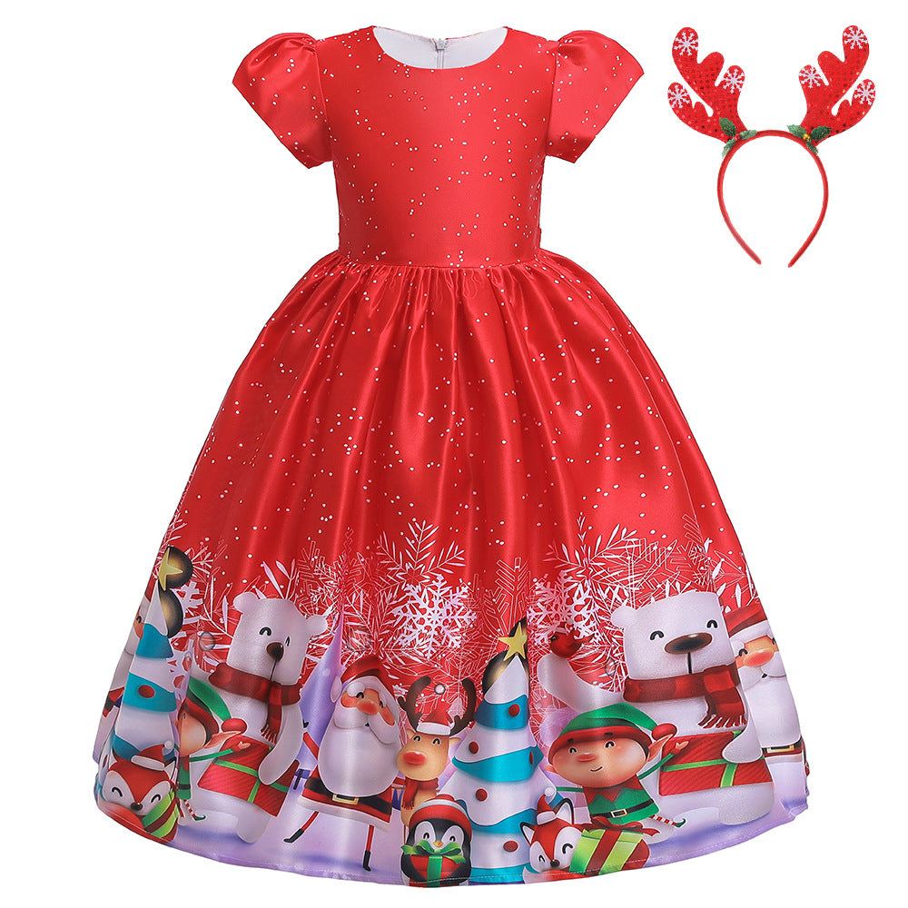 ins Christmas dress children's Christmas dress princess dress girl Santa Claus cartoon print party dance costume