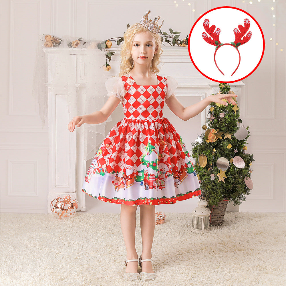 ins Christmas dress children's Christmas dress princess dress girl Santa Claus cartoon print party dance costume