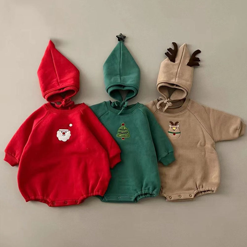 Korean version ins baby Christmas clothing winter infant jumpsuit plus velvet thickened cartoon long-sleeved crawler suit + hat