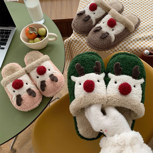 Cute cartoon home indoor plush shoes women's new Christmas elk winter warm confinement cotton slippers women