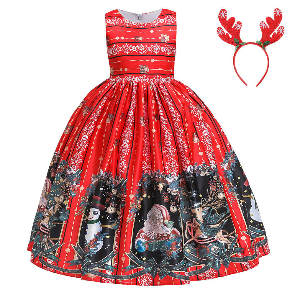 ins Christmas dress children's Christmas dress princess dress girl Santa Claus cartoon print party dance costume