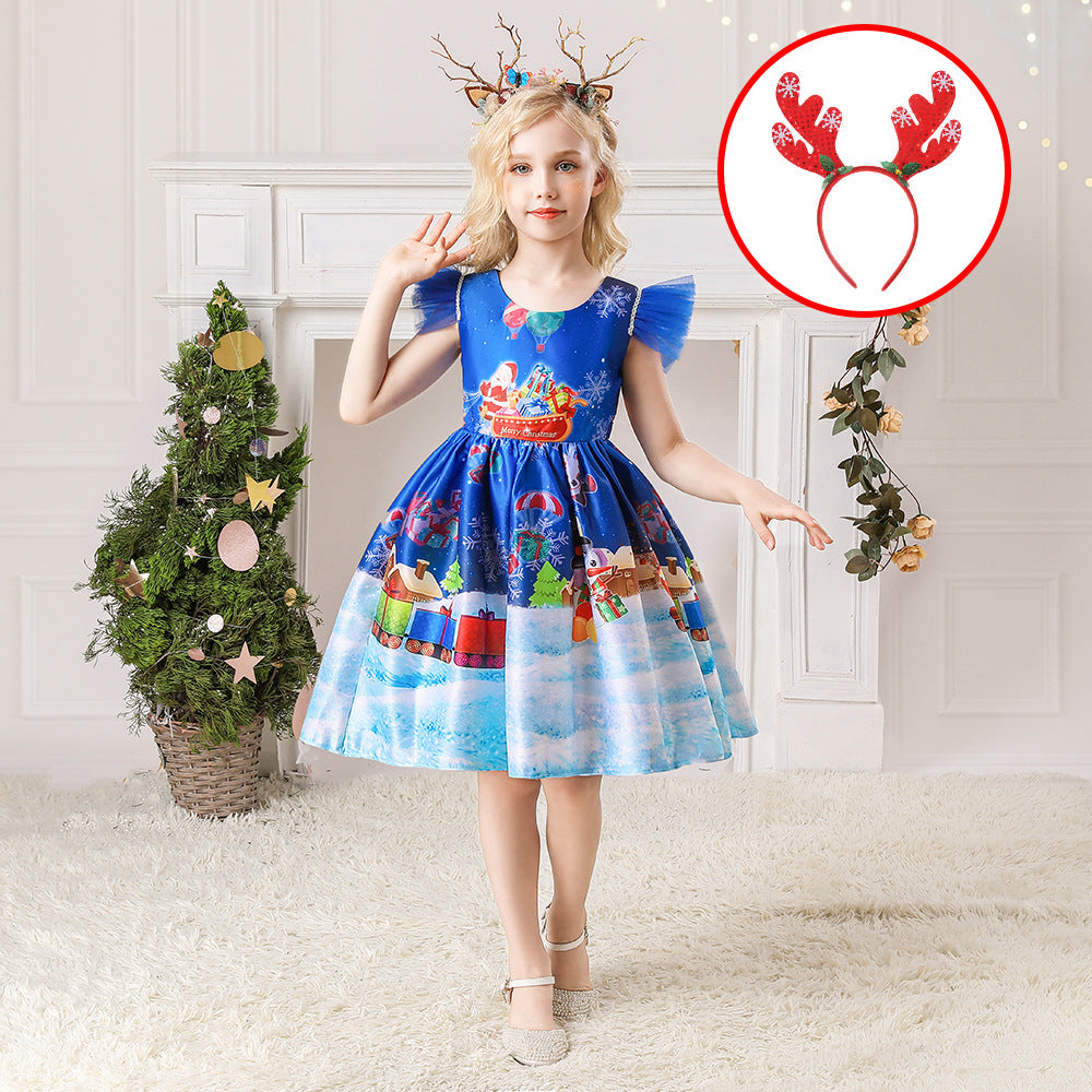 ins Christmas dress children's Christmas dress princess dress girl Santa Claus cartoon print party dance costume