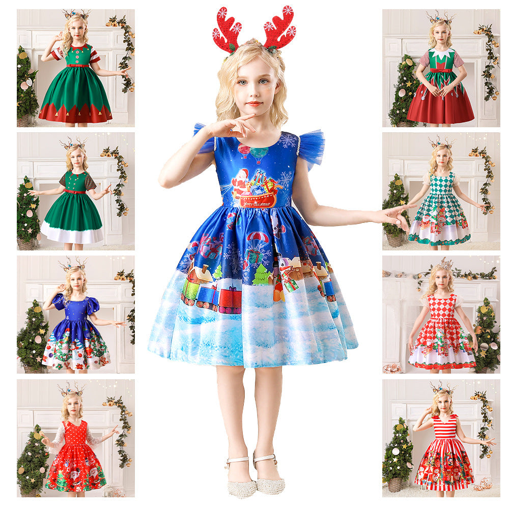 ins Christmas dress children's Christmas dress princess dress girl Santa Claus cartoon print party dance costume