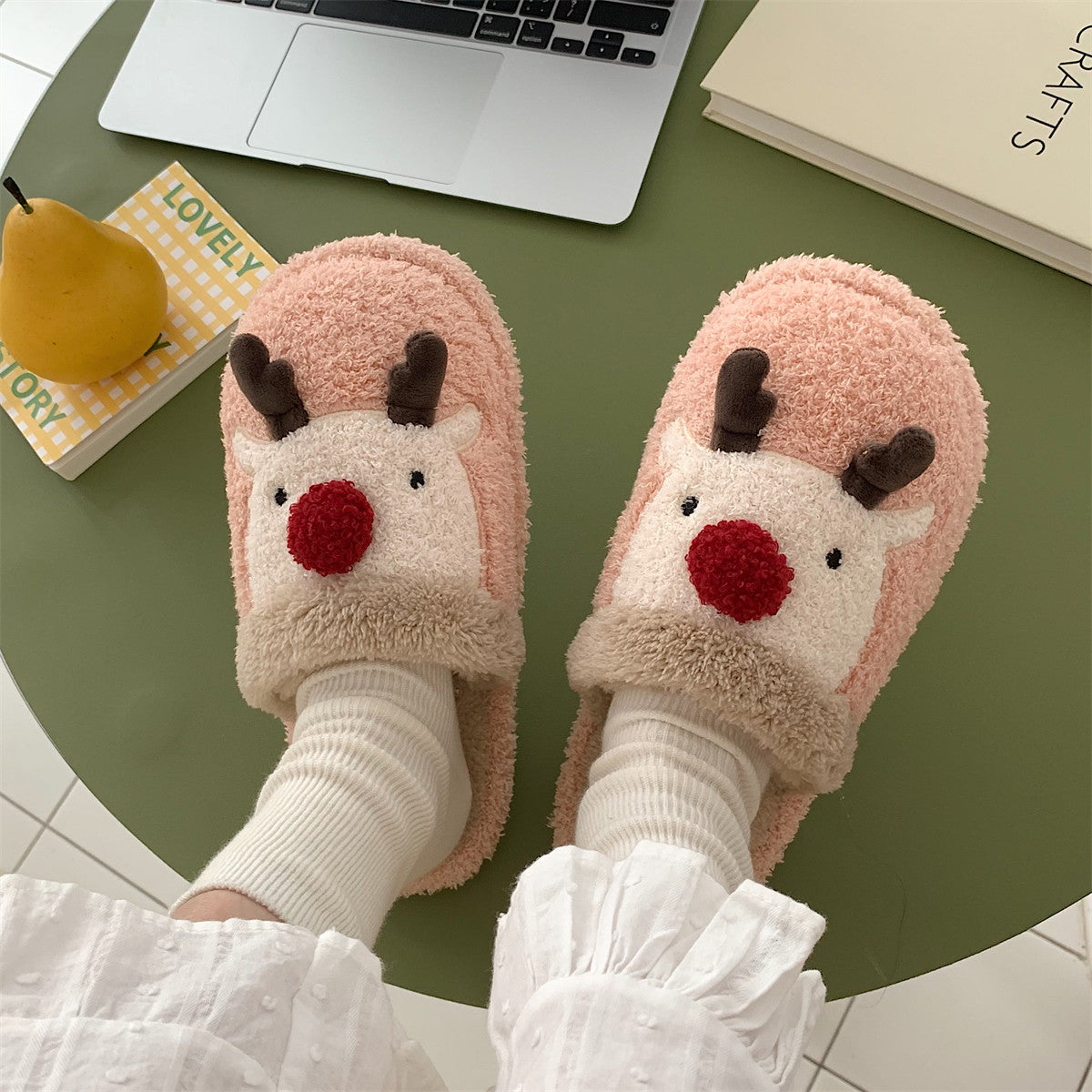 Cute cartoon home indoor plush shoes women's new Christmas elk winter warm confinement cotton slippers women